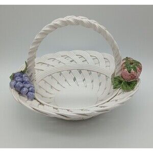 vtg capodimonte Porcelain Woven Basket Fruit Grapes Leaves Strawberry Italy